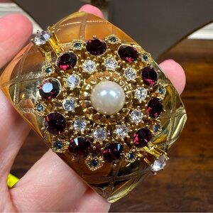 Vintage Crystal Wide Gilt Metal Cuff Designed by R.J. Graziano Gold with Red